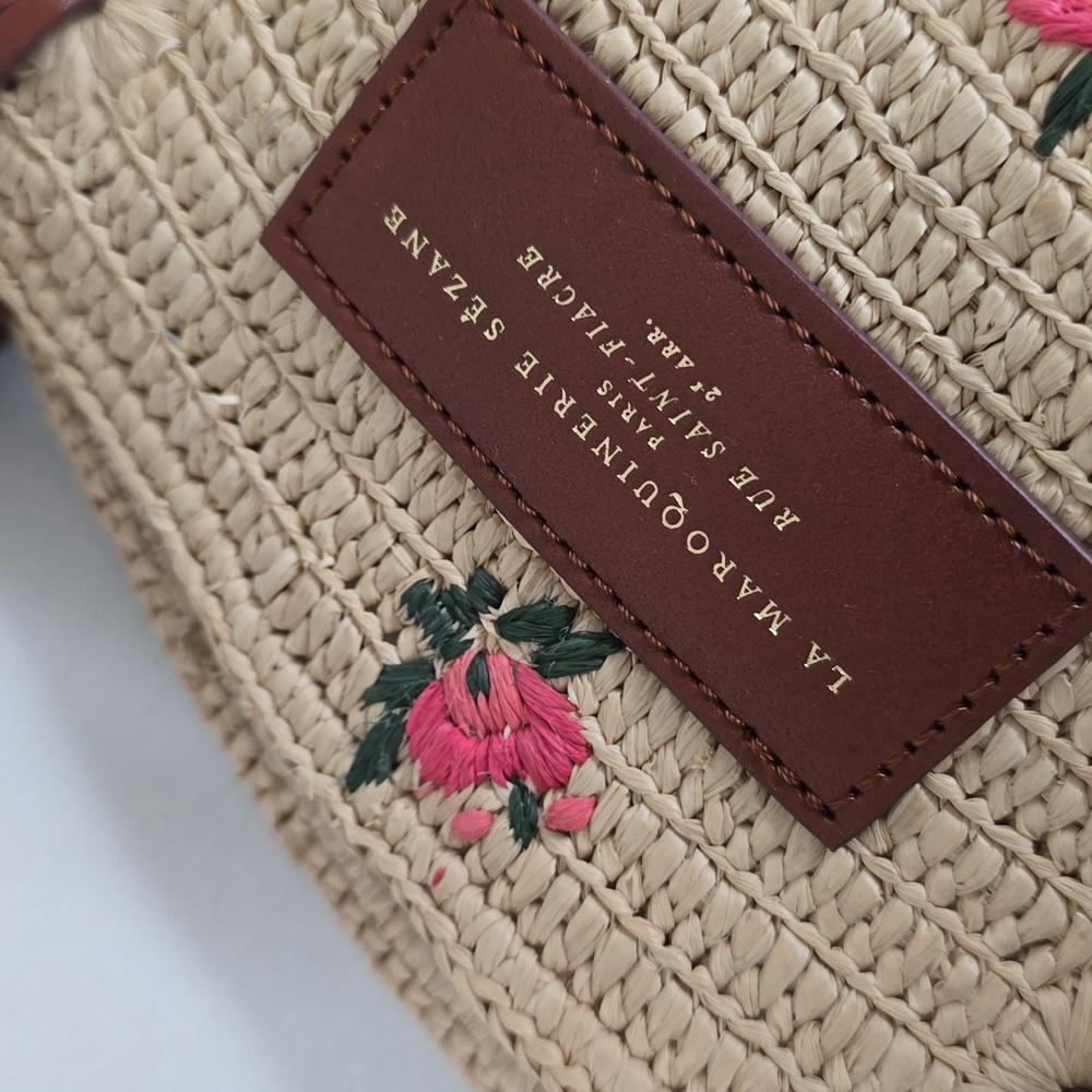 Sezane Justine Basket Bag Embroidered Pink Flowers Raffia - Picture 6 of 14